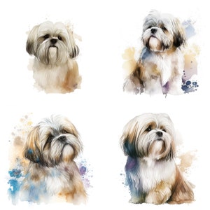 Watercolor Lhasa Apso Portrait Clipart PNG Digital Download Set for4 files for Stickers Mugs T-Shirts  Lhasa Apso Canine Art Printable Image