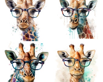Giraff i glasögon, set med 4 porträtt, PNG-set, akvarell giraff clipart för optiker, optikerdekor, tumlare, skjortor och barnrumstryck