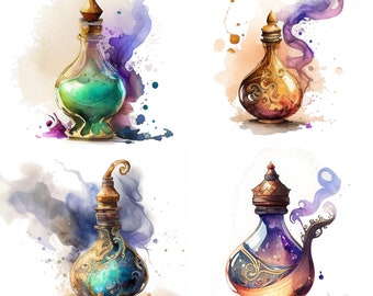 May include: Four ornate glass bottles with colorful liquids and swirling smoke. The bottles have intricate gold designs and are set against a white background with watercolor washes.