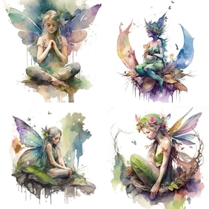 Set of 4 Fairy garden Fairies watercolor clipart, enchanted forest, fairy tale graphics, nursery clipart, magical fairy download , Set 2
