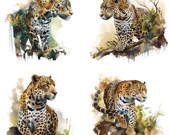 Watercolor Jaguar Clipart Set of 4 - Commercial Use PNG Downloads for Stickers, Mugs and T-Shirts - Safari Wildlife Digital Art