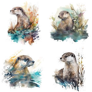 Cute Otter Watercolor Clipart Set of 4 - Commercial Use PNG Digital Downloads for Stickers, Mugs, and T-Shirts - wildlife prints