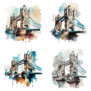 Set of 4 watercolor Tower bridge clipart PNG digital download files sublimation london bridge wall art prints mugs t-shirts and gift decor