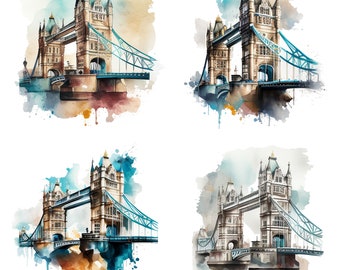 Set of 4 watercolor Tower bridge clipart PNG digital download files sublimation london bridge wall art prints mugs t-shirts and gift decor