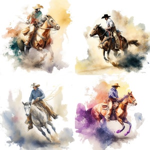 Set of 4 Western Rodeo Png horse riding cowboy clipart western round up digital download watercolor clip art Sublimation  Set 1