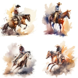 Set of 4 Western Rodeo Horse Riding Cowboy Clipart - Digital Download Watercolor Clip Art - Western Round Up - PNG - Sublimation Set 2