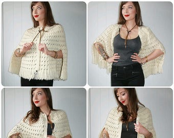 70's Vintage Cream Knit Button Front Boho Bohemian Cape Shawl with Fringe
