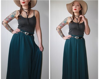 Vtg Dark Green Rayon A-Line Maxi Skirt - LINDA LUNSTRUM - Made In Canada