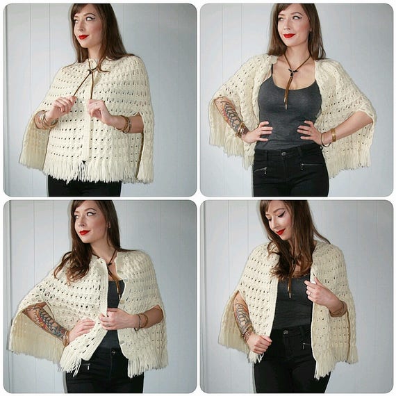 1970s Cream Knit Button Front Boho Bohemian Cape S