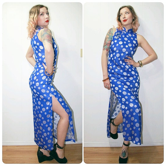 1960s Cobalt Blue Cheongsam Oriental Mandarin Pinu