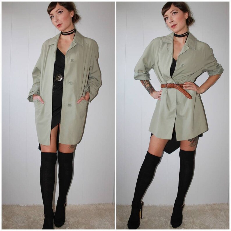 1960s Soft Sage Mid Century Modern Versatile Box Swing Trench Coat with Front Pockets Lapel Collar Boho Folk Classy Convertible Coat Jacket