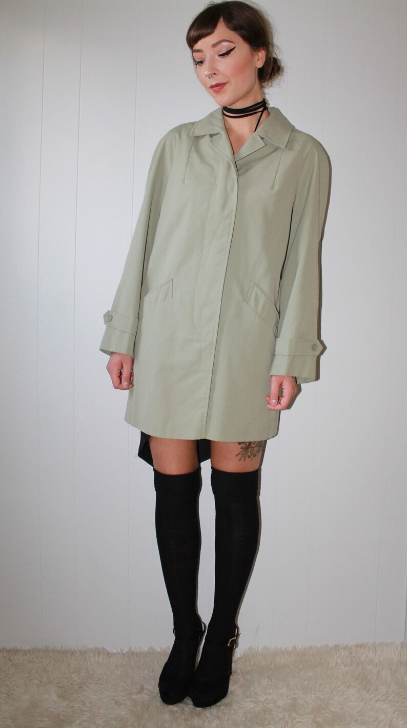 1960s Soft Sage Mid Century Modern Versatile Box Swing Trench Coat with Front Pockets Lapel Collar Boho Folk Classy Convertible Coat Jacket