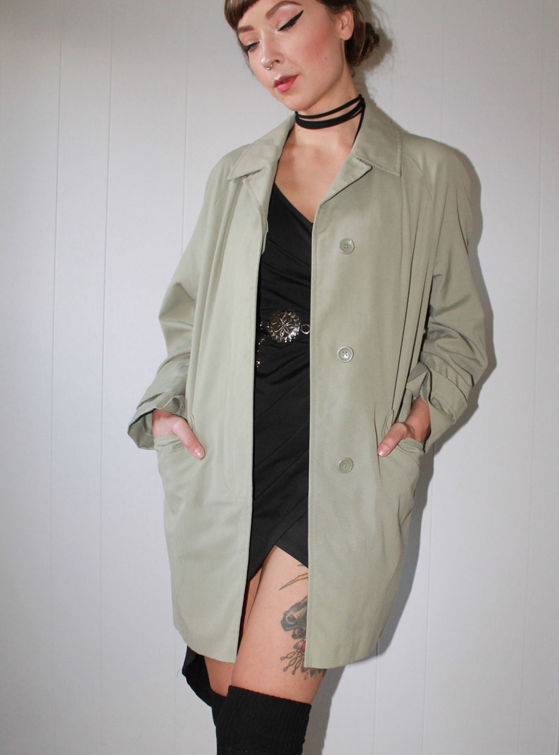 1960s Soft Sage Mid Century Modern Versatile Box Swing Trench Coat with Front Pockets Lapel Collar Boho Folk Classy Convertible Coat Jacket