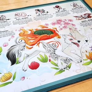 May include: A rectangular desk mat featuring a central white wolf illustration with orange flames and a green circular emblem on its back. The mat displays various zodiac animal illustrations with text descriptions, cherry blossoms, and green leaves.