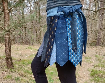 Necktie skirt, blue upcycled wrap skirt, Size XS - M, miniskirt, made with a recycled denim waistband, tied with 2 neckties