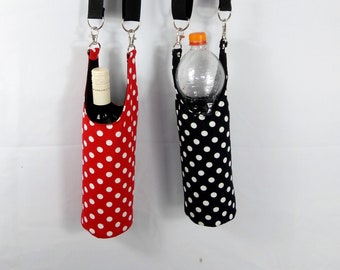 Bottle bag, Polka dots, a bottle sling holder, to carry a bidon, bottles or water, for walking or an other beverage for on a festival.