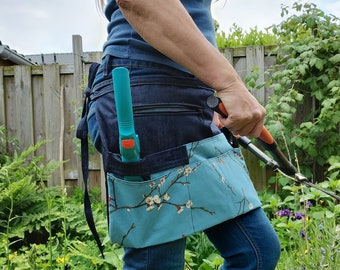 Denim Apron with a cherry blossom print, with a zippered phone pocket, sakura pattern, gardening half apron for a florist, gardeners, farmer