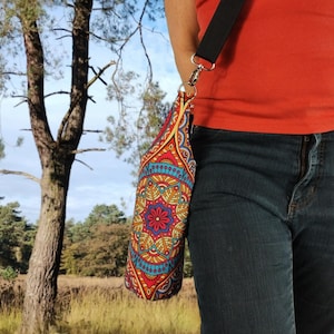 Bottle holder, carry your drinks in a drink bottle sling bag, canteen water carrier mandala fabric, denim or black