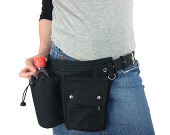 Hip bag with an extra water bottle pocket, made of black organic cotton, also in all plus sizes, sturdy plastic click buckle or metal buckle