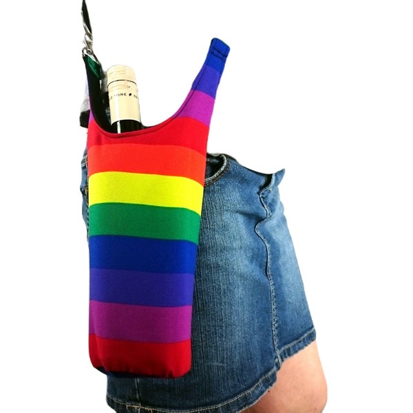 Rainbow Bottle holder, carnival bag to carry a drink, made of rainbow fabric and a lining of strong black fabric, gay pride water carrier