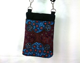 Phone bag with a decorative ethnic print, cotton fabric, aboriginal art small crossbody bag for smartphone, Pocket crossing body