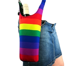 Rainbow Bottle holder, carnival bag to carry a drink, made of rainbow fabric and a lining of strong black fabric, gay pride water carrier