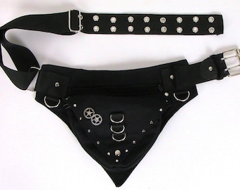 Hip bag, in plus sizes also, made of strong black organic cotton canvas, belt bag with studs and steampunk gears