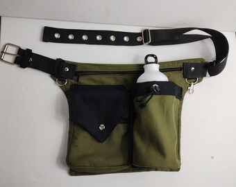 Green black hip bag with a bottle pocket, belt buckle, triangle flap, made of 2 colors cotton canvas,  for all sizes