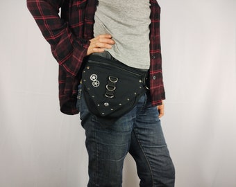 Hip bag, in plus sizes also, made of strong black organic cotton canvas, belt bag with studs and steampunk gears