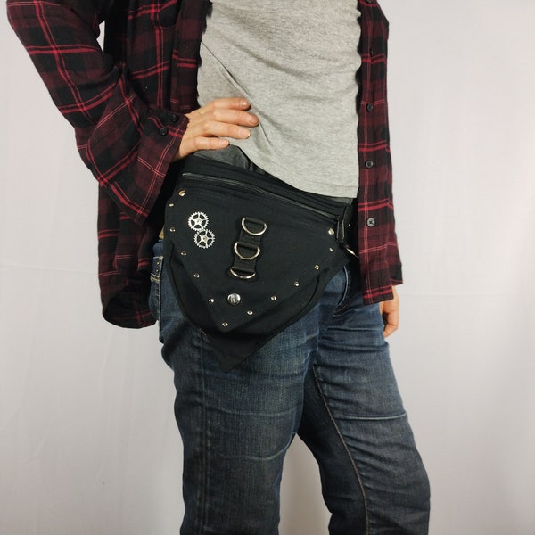 Hip bag, in plus sizes also, made of strong black organic cotton canvas, belt bag with studs and steampunk gears