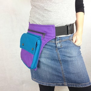 Utility belt made of organic cotton canvas, a black hip bag, ALL SIZES also plus sizes, festival fanny pack hip purse waist pockets purple/blue