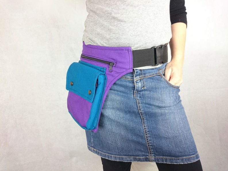 Utility belt made of organic cotton canvas, a black hip bag, ALL SIZES also plus sizes, festival fanny pack hip purse waist pockets purple/blue
