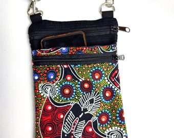 Crossbody small bag with an aboriginal design print, cotton fabric, Phone pockets for smartphone, Pocket crossing body