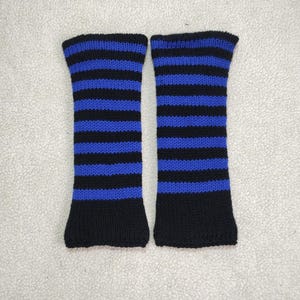 Calentadores de piernas a rayas, calentadores de piernas de doble capa, tejidos con hilo acrílico azul y negro, calentadores de piernas de yoga de invierno, puños de botas hechos a mano