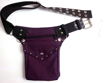 Purple utility belt, canvas fabric, also plus size, metal buckle * Festival hip bag, studded warrior waist pack burning man steampunk
