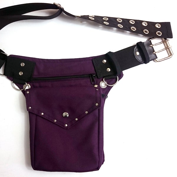 Purple utility belt, canvas fabric, also plus size, metal buckle * Festival hip bag, studded warrior waist pack burning man steampunk