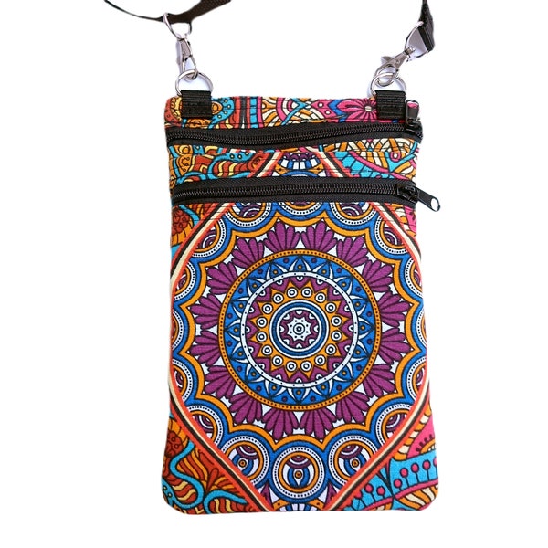 Cross body Phonebag with a mandala printed canvas fabric, Phone bag for smartphone, Pocket crossing body