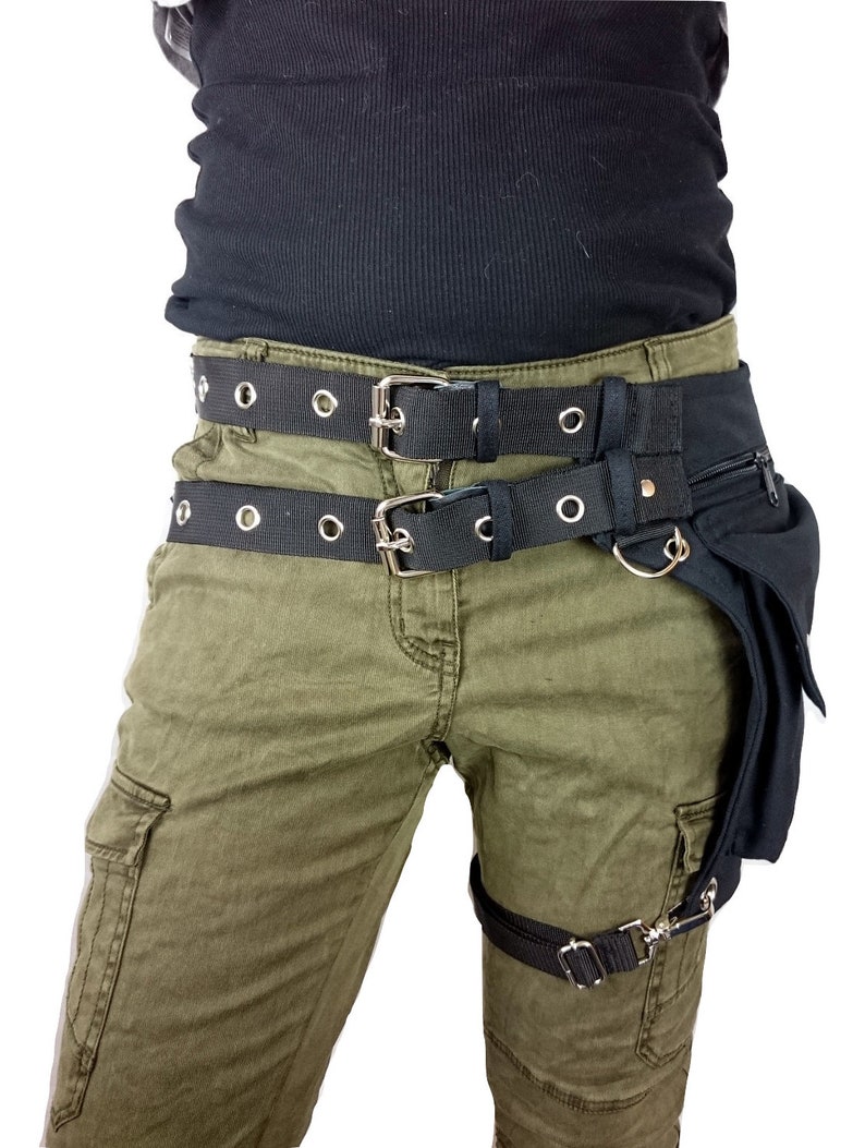 Utility belt with REMOVABLE leg strap on the thigh, and belt buckle plus sizes also, Festival belt, Holster bag, waist pockets, hip purse two straps of 3 cm