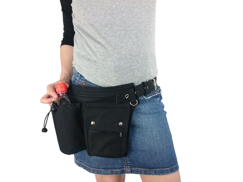 Hip bag with an extra water bottle pocket, made of black organic cotton, also in all plus sizes, sturdy plastic click buckle or metal buckle image 1