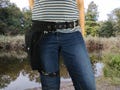 Tablet carrier, small iPad hip bag, with a sturdy buckle and an extra removable strap for the thigh, closed with a metal buckle product logo