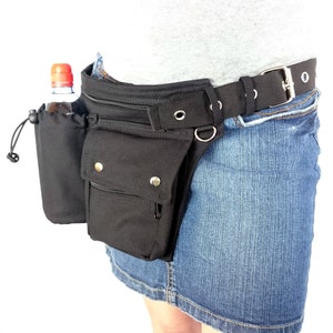 Hip bag with an extra water bottle pocket, made of black organic cotton, also in all plus sizes, sturdy plastic click buckle or metal buckle image 4