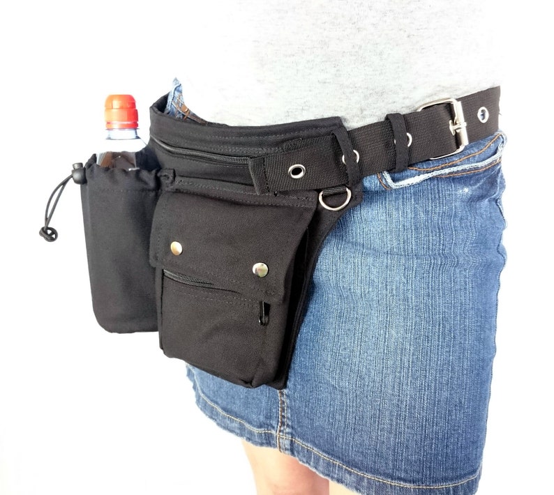 Hip bag with an extra water bottle pocket, made of black organic cotton, also in all plus sizes, sturdy plastic click buckle or metal buckle image 4