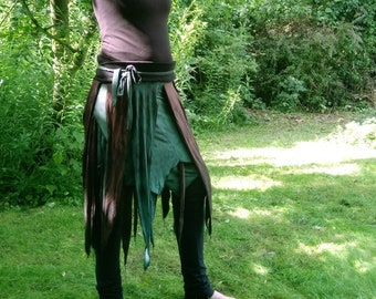 Forest Skirt, made of brown and green scrap fabrics, SIZE S - XL pixie wrap, Tribal Fairy tie dye miniskirt Festival Goa Psytrance witch