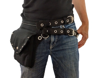 Utility belt with 2 waist belts, black organic cotton, with extra studs on the flap, warrior waist pack burning man steampunk