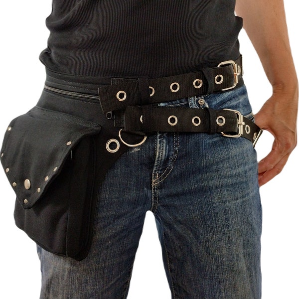 Utility belt with 2 waist belts, black organic cotton, with extra studs on the flap, warrior waist pack burning man steampunk