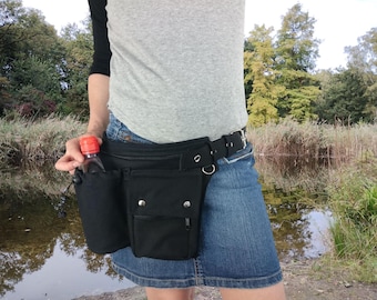 Hip bag with an extra water bottle pocket, made of black organic cotton, also in all plus sizes, sturdy plastic click buckle or metal buckle