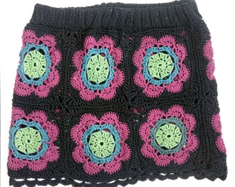 Handmade crochet granny square skirt, Size S/M, in black, purple and greens Catania cotton yarn