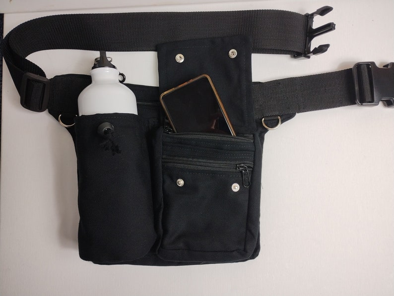 Hip bag with an extra water bottle pocket, made of black organic cotton, also in all plus sizes, sturdy plastic click buckle or metal buckle image 6