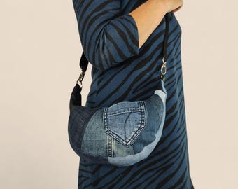 Recycled Denim Half Moon Bag: Upcycled Jeans Shoulder Bag
