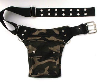 Camo utility belt also in plus sizes, with a metal buckle * Festival camouflage hip bag, burning man steampunk